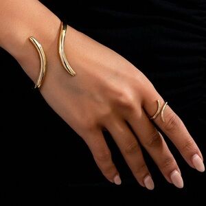 Veloura Gold Cuffed Bangle & Ring Set Open Adjustable Minimalist Jewelry Set